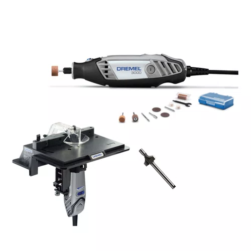 Combo Dremel Micro Retífica 3000 220v c/10 Acessórios + Mesa Para Tupia 231 + Fresa 618 Para Chanfrar 1/2