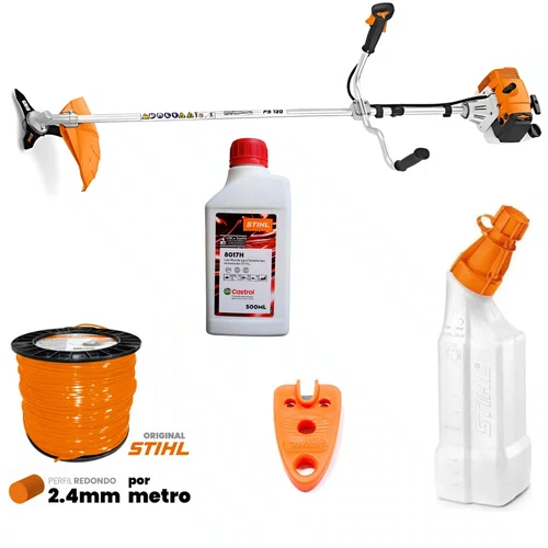 Combo Roçadeira Stihl FS 120 30,8CC à Gasolina 2T + Lubrificante 500ml + Misturador 1L + Fio de Corte 2,4mm + Cortador de Fio