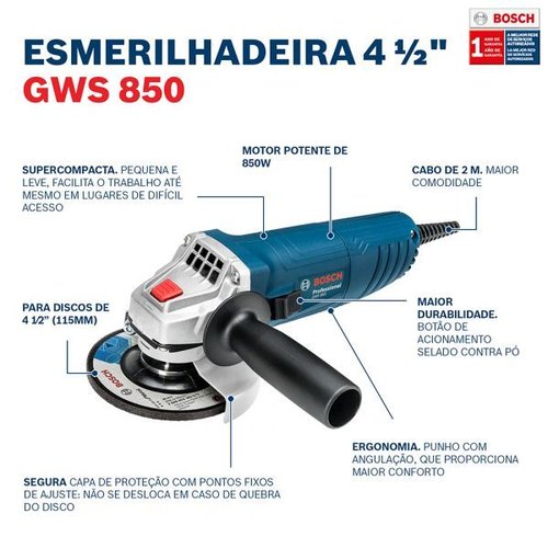 Esmerilhadeira Angular De 4 1/2" Gws 850 - Bosch -220V