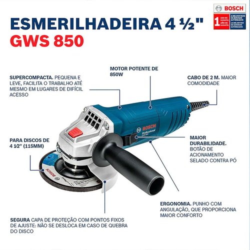 Esmerilhadeira Angular Gws 850 4 1/2" 850W 220V  Bosch 06013775E0