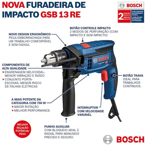 Furadeira de Impacto 220v 1/2" 750W com 23 Acessórios GSB 13 RE BOSCH