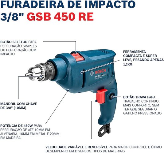 Furadeira De Impacto 3/8 Gsb 450 Re 450W 220V Bosch 06011B50E0