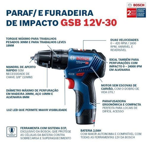 Furadeira E Parafusadeira De Impacto Bosch Gsb 12V-30 À Bateria Com Maleta 06019G91E0