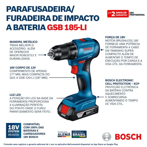 Furadeira Parafusadeira De Impacto 1/2" A Bateria 18V Brushless Sem Bateria - Gsb 185-Li Bosch 06019K31E3