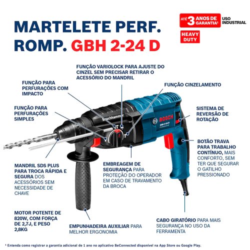 Martelo Perfurador Rompedor Gbh 2-24 D 820W 127V Sem Maleta Bosch 06112A02D5