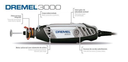Micro Retífica Dremel 3000 c/ Maleta + Eixo Flexível + Guia de Corte + Kit c/ 30 Acessórios 127v Dremel
