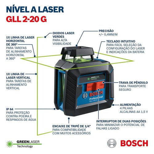 Nível A Laser 2 Linhas Verde 360º 10M + Tripé Gll 2-20 - Bosch 0601065001