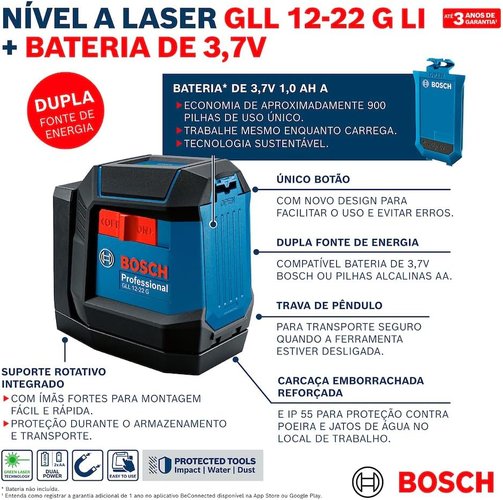 Nível A Laser Verde 12 Metros 2 Linhas Gll 12-22G Bosch 0601065320