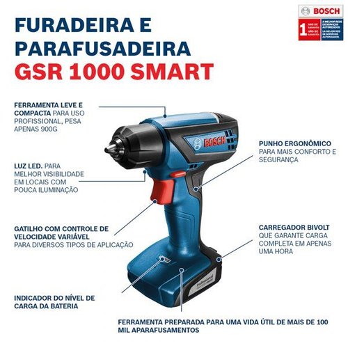 Parafusadeira E Furadeira Bosch Gsr 1000 Smart A Bateria De 12V Com Encaixe De 6 Mm 15Nm 700 Rpm Com Carregador 06019F40E2