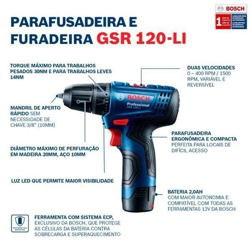 Parafusadeira E Furadeira Bosch Gsr 120-Li A Bateria De 12V 30/14 Nm Com 1 Bateria E 1 Carregador + Maleta 06019G80E1