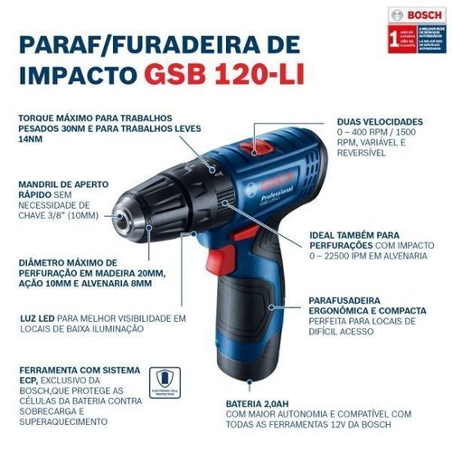 Parafusadeira E Furadeira De Impacto Bosch À Bateria Gsb 120-Li Com Bateria E Carregador Rápido 06019G81E1