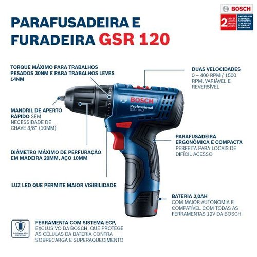 Parafusadeira/Furadeira A Bateria 12V  Gsr 120-Li Com - Bosch  06019G80E0