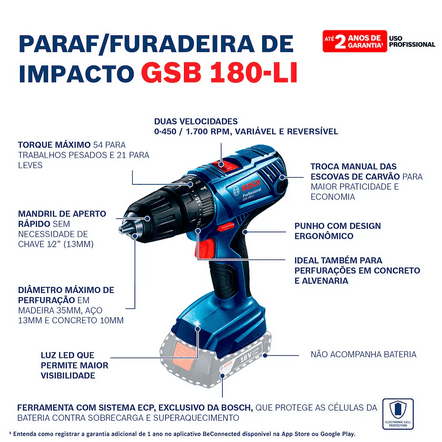 Parafusadeira/Furadeira À Bateria 18V Gsr 180 Li - Bosch 06019F81E0