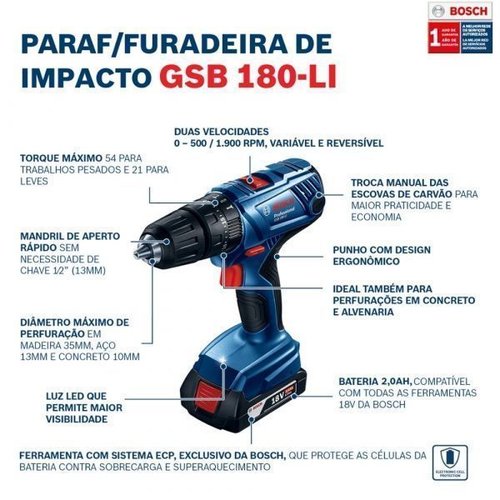 Parafusadeira Furadeira De Impacto Gsb180-Li 1/2 Pol. 18V Com 2 Baterias Lí-Íon 2,0Ah Carregador Bivolt E Maleta Com Acessórios