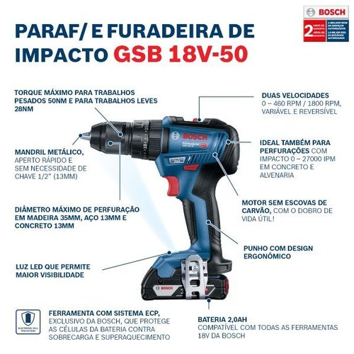 Parafusadeira/Furadeira De Impacto Gsb 18V 50 Com 2 Baterias, Carregador E Maleta - Bosch  06019H51E0