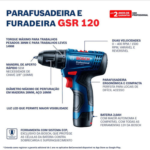 Parafusadeira/Furadeira Gsr 120-Li Sem Carregador E Bateria - Bosch 06019G80E5