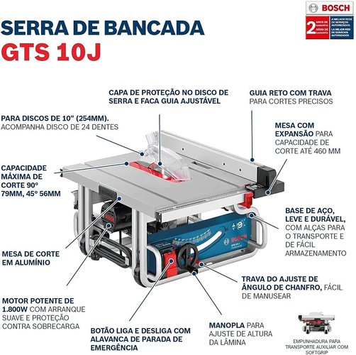 Serra De Mesa Gts 10J 1800W 220V Com Disco E 2 Guias Bosch 0601B305E0