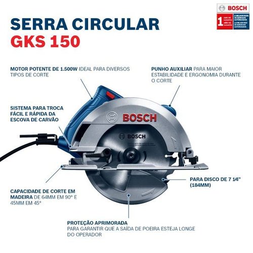 Serra Circular 7.1/4" 1500Wts 110V Gks 150 + Bolsa Bosch 06016B30D2