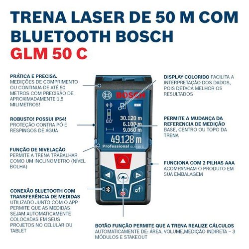 Trena Laser Alcance 50 Metros Com Bluetooth Glm 50 C - Bosch  0601072C00
